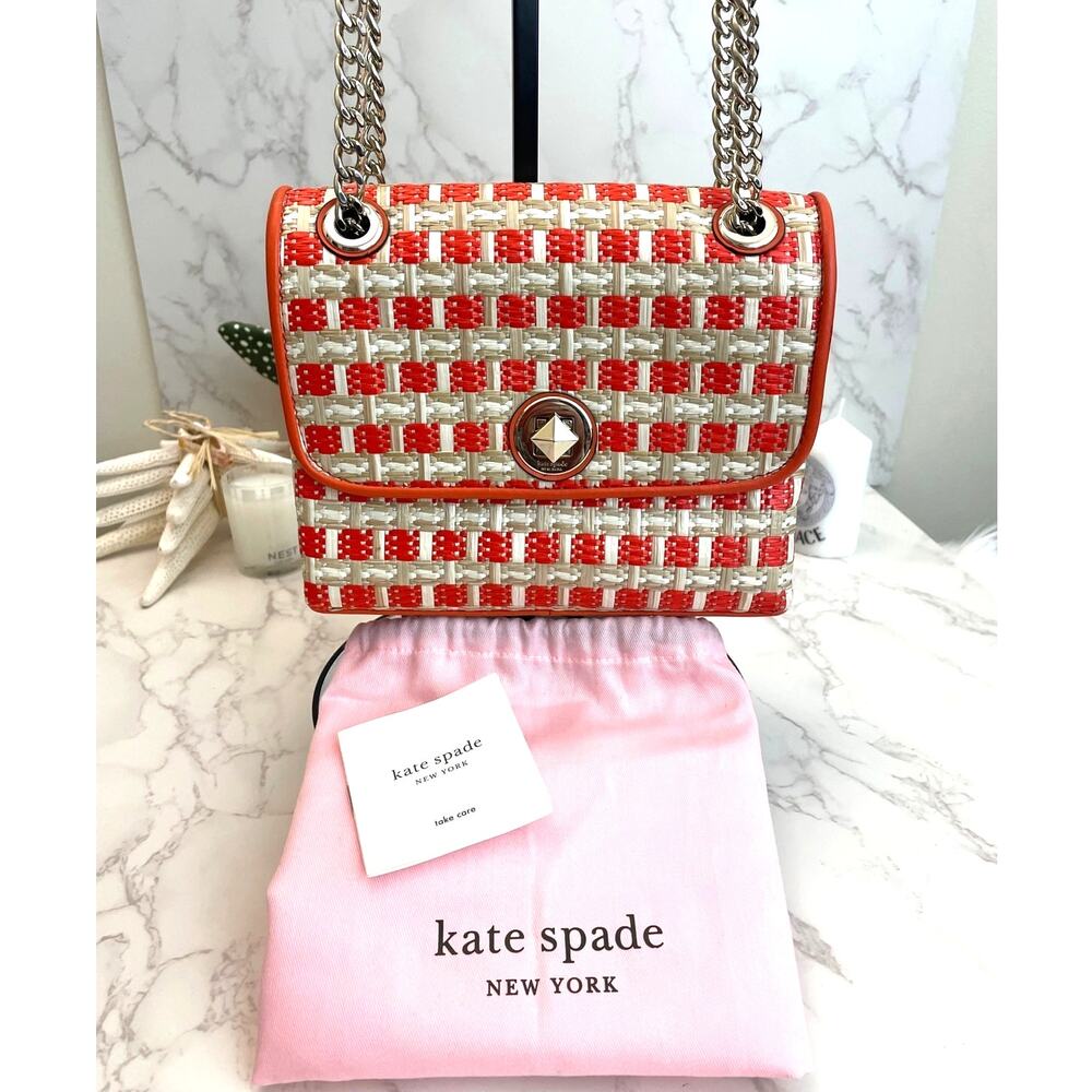 Kate Spade Small Flap Natalie Straw Raffia Leather Coral Shoulder Crossbody NWOT